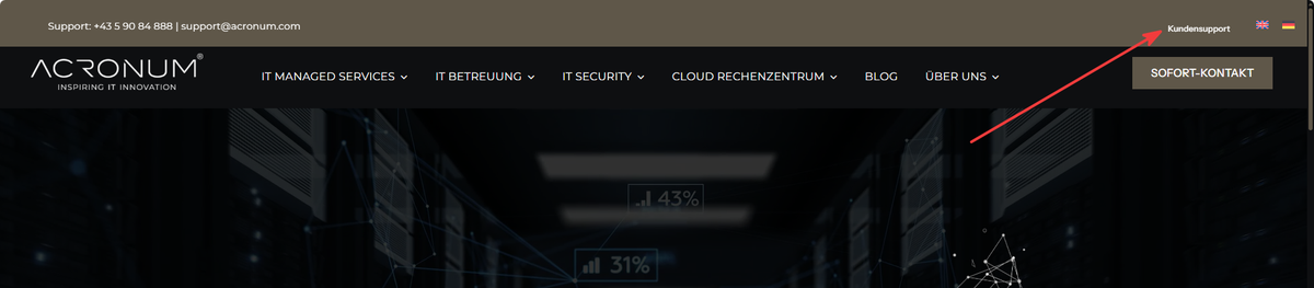 Startseite von acronum.com, rechts oben die Schaltfläche Kundensupport